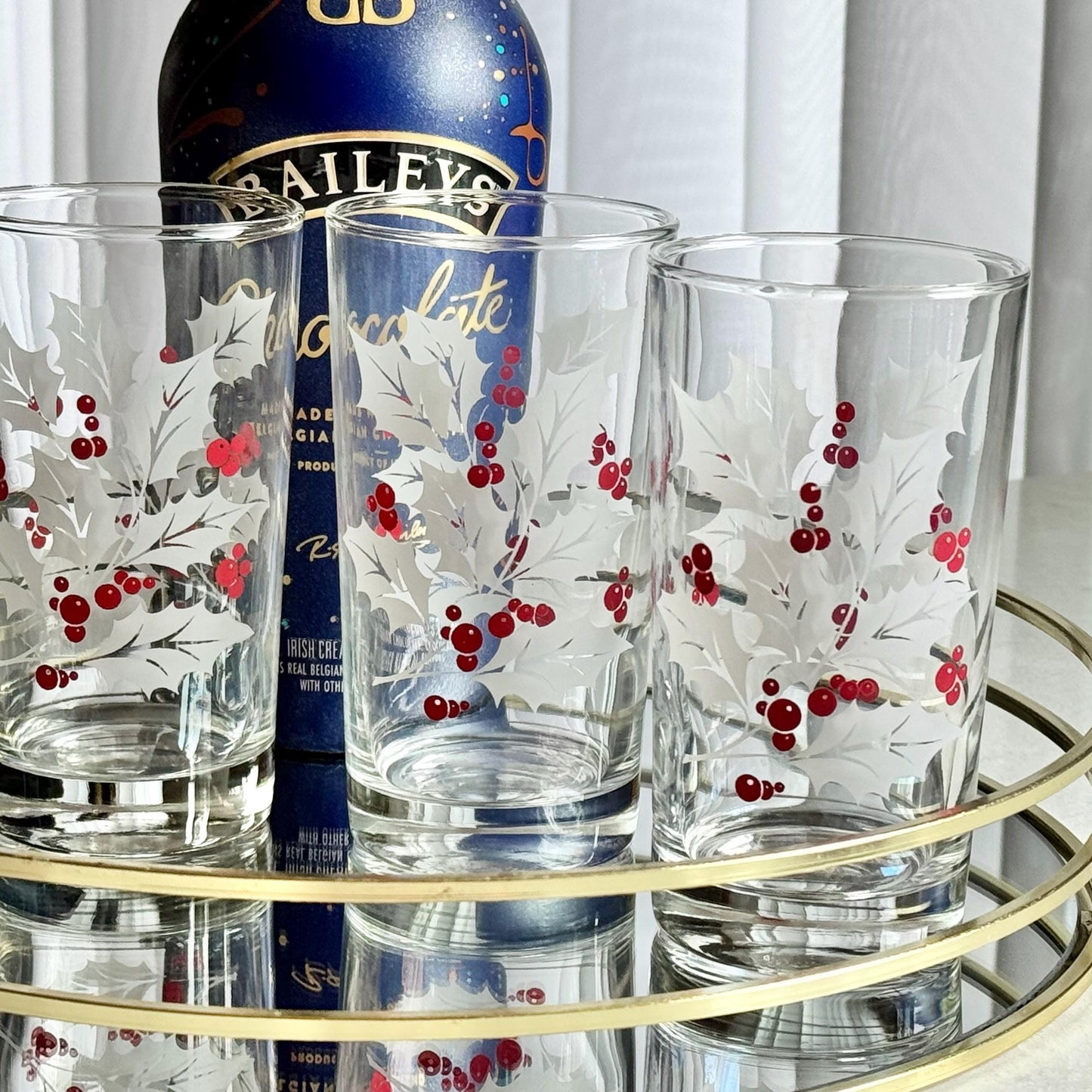 Vintage Indiana Glass White Holly and Berries 10 Ounce Glasses - Set of 9 Tumblers