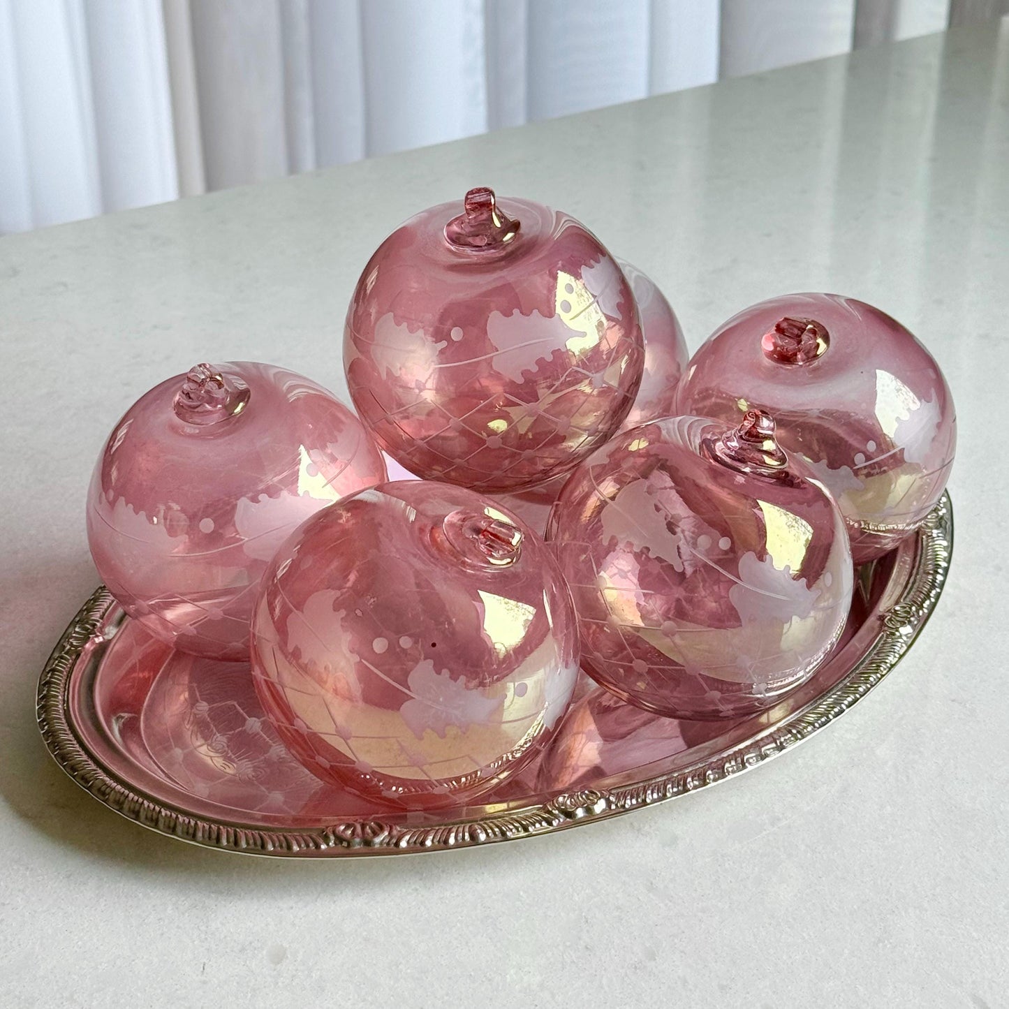 Vintage Norwood Glass Cranberry Cut-to-Clear Ornaments - Set of 6