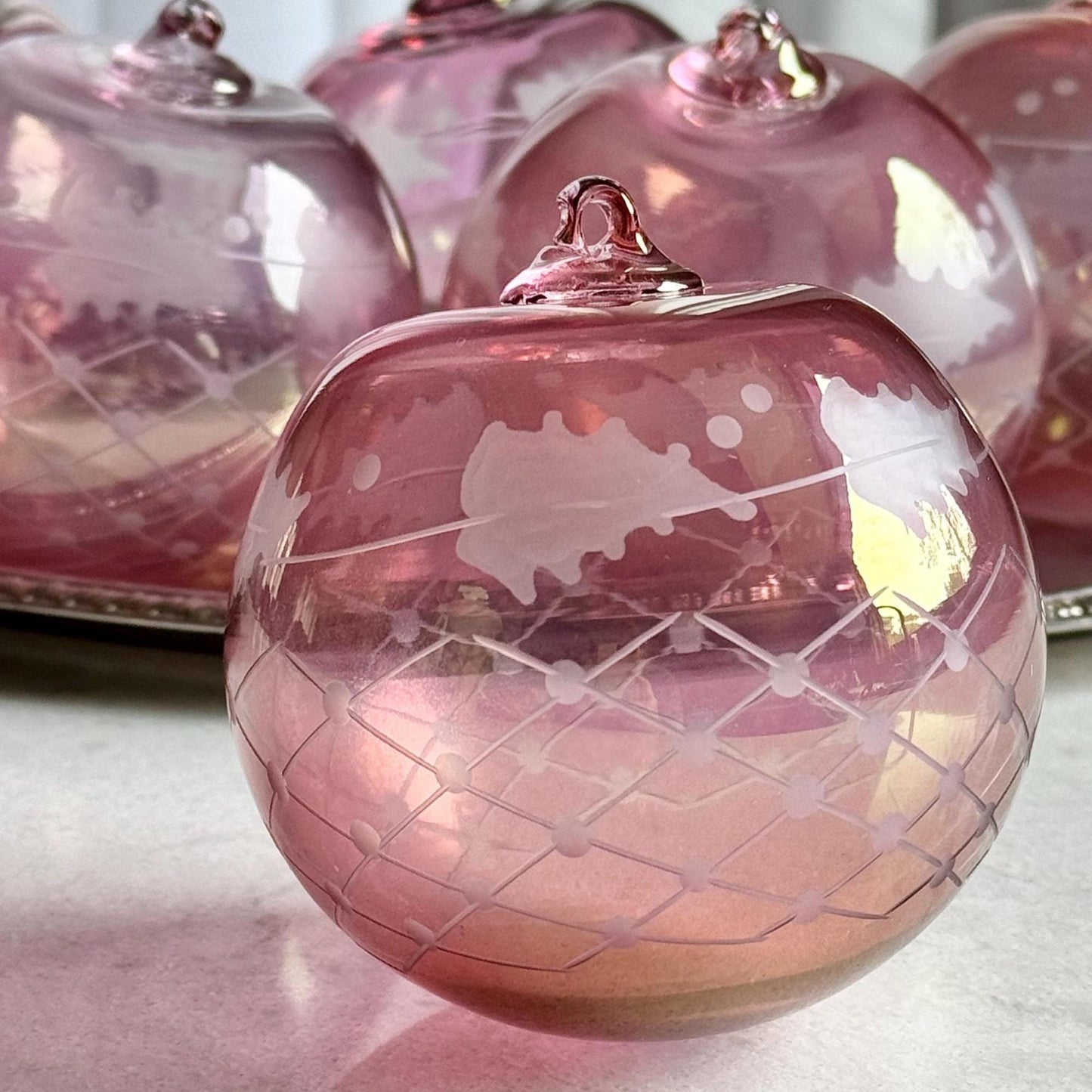 Vintage Norwood Glass Cranberry Cut-to-Clear Ornaments - Set of 6