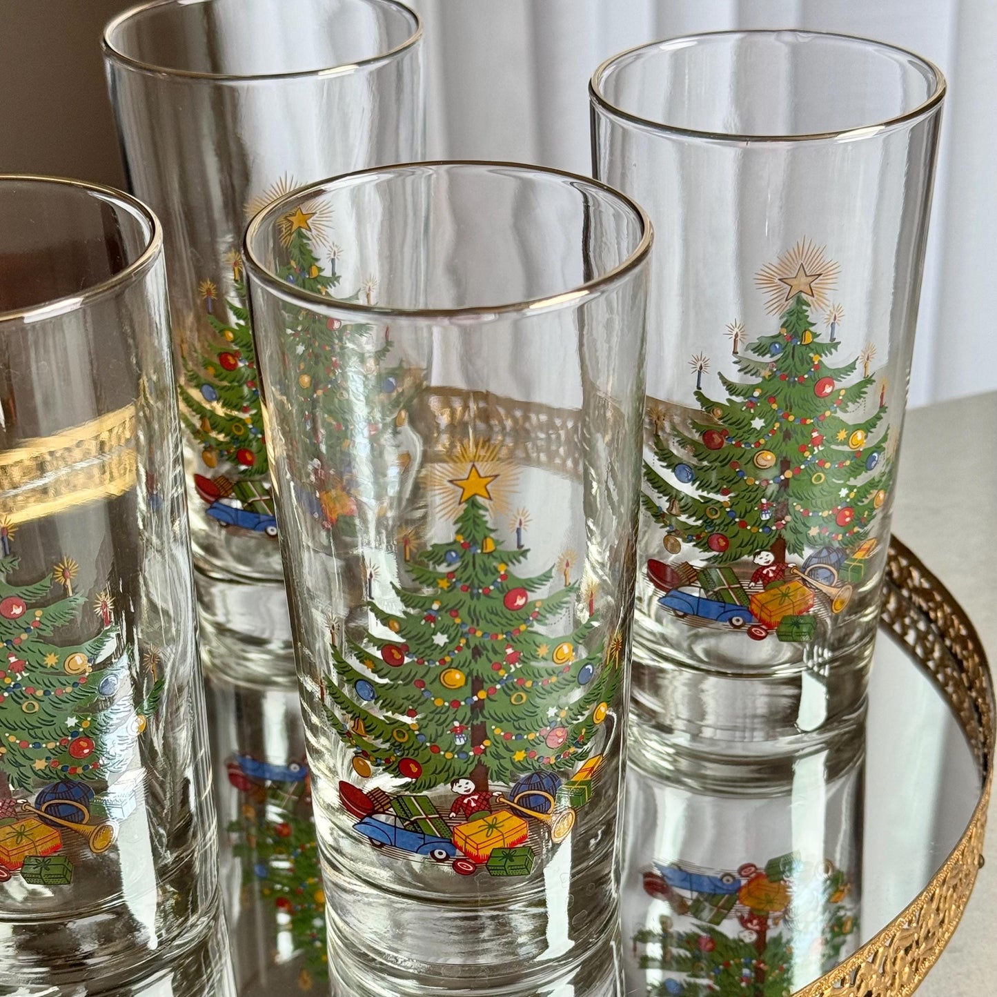 Vintage Christmas Moderne Old Fashioned Christmas Tree 12 Ounce Glasses - Set of 6 Tumblers