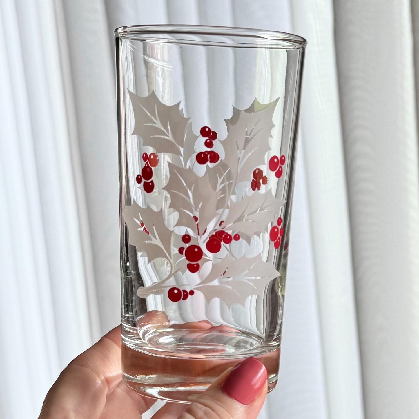 Vintage Indiana Glass White Holly and Berries 10 Ounce Glasses - Set of 9 Tumblers