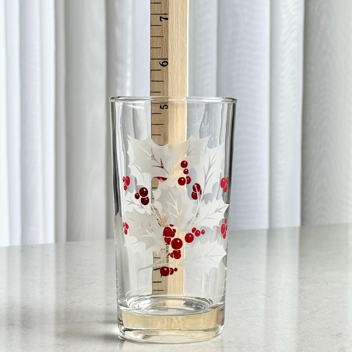 Vintage Indiana Glass White Holly and Berries 10 Ounce Glasses - Set of 9 Tumblers