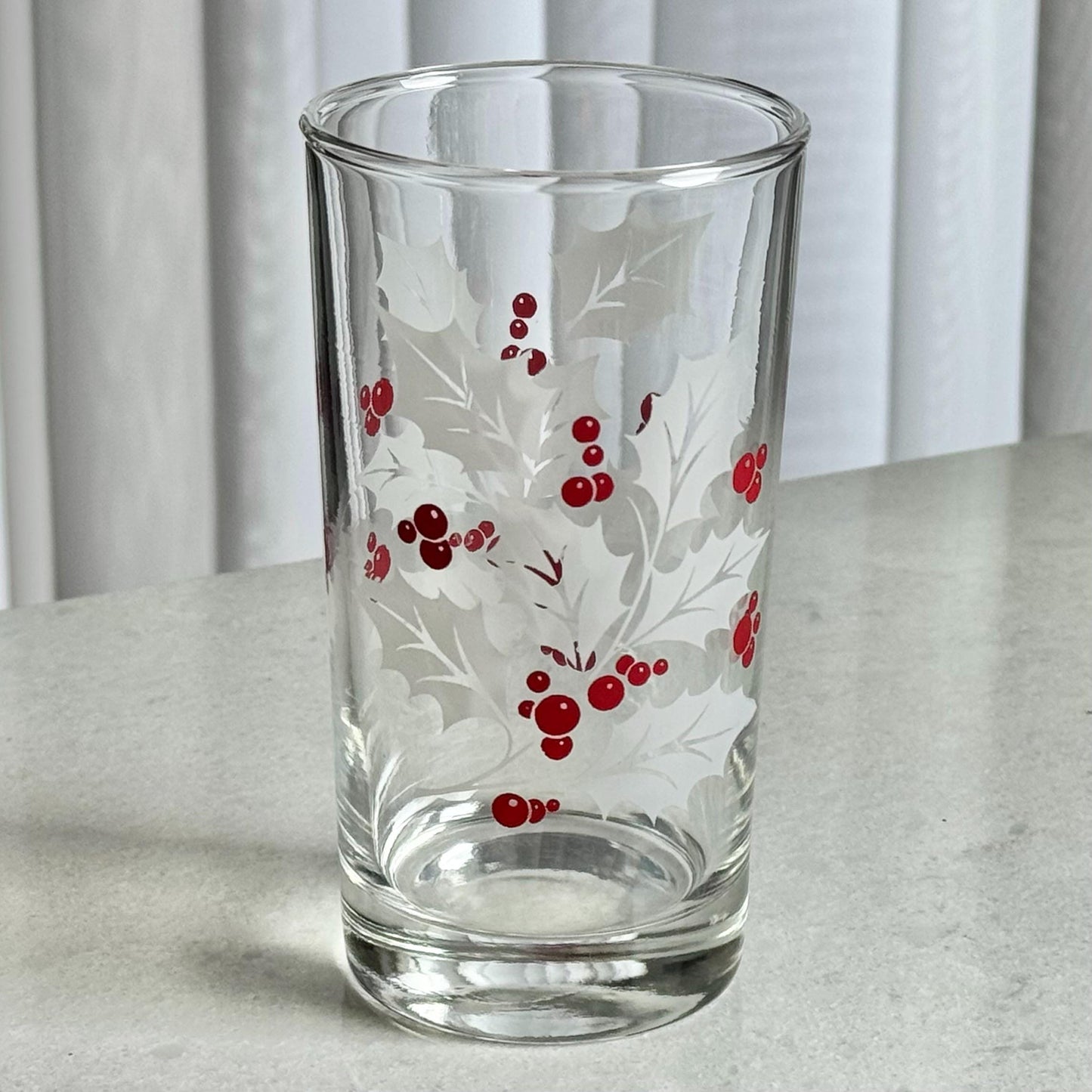 Vintage Indiana Glass White Holly and Berries 10 Ounce Glasses - Set of 9 Tumblers