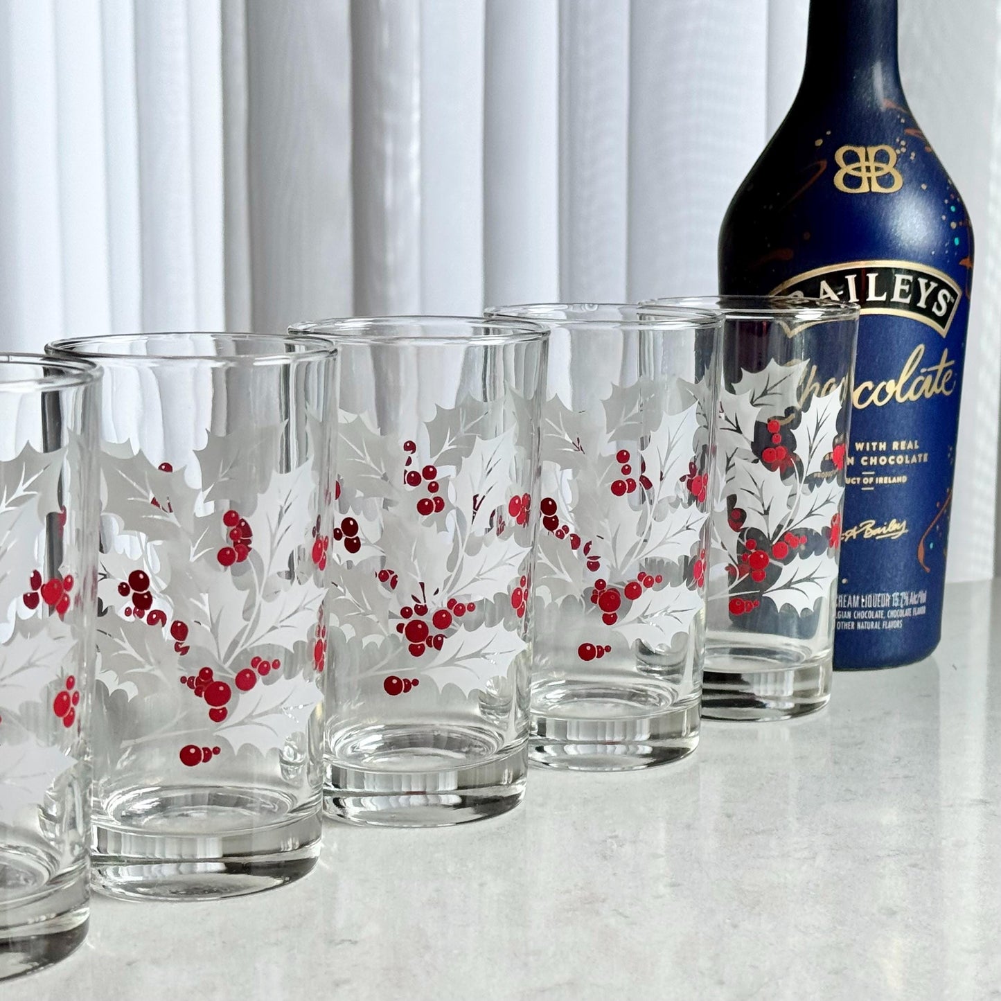 Vintage Indiana Glass White Holly and Berries 10 Ounce Glasses - Set of 9 Tumblers