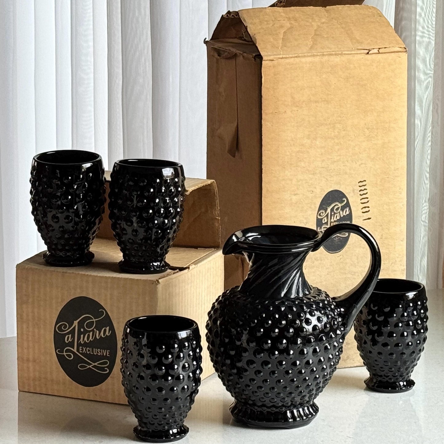Indiana Glass Tiara Exclusives Black Hobnail Pitcher and 4 Tumblers  (circa 1975)