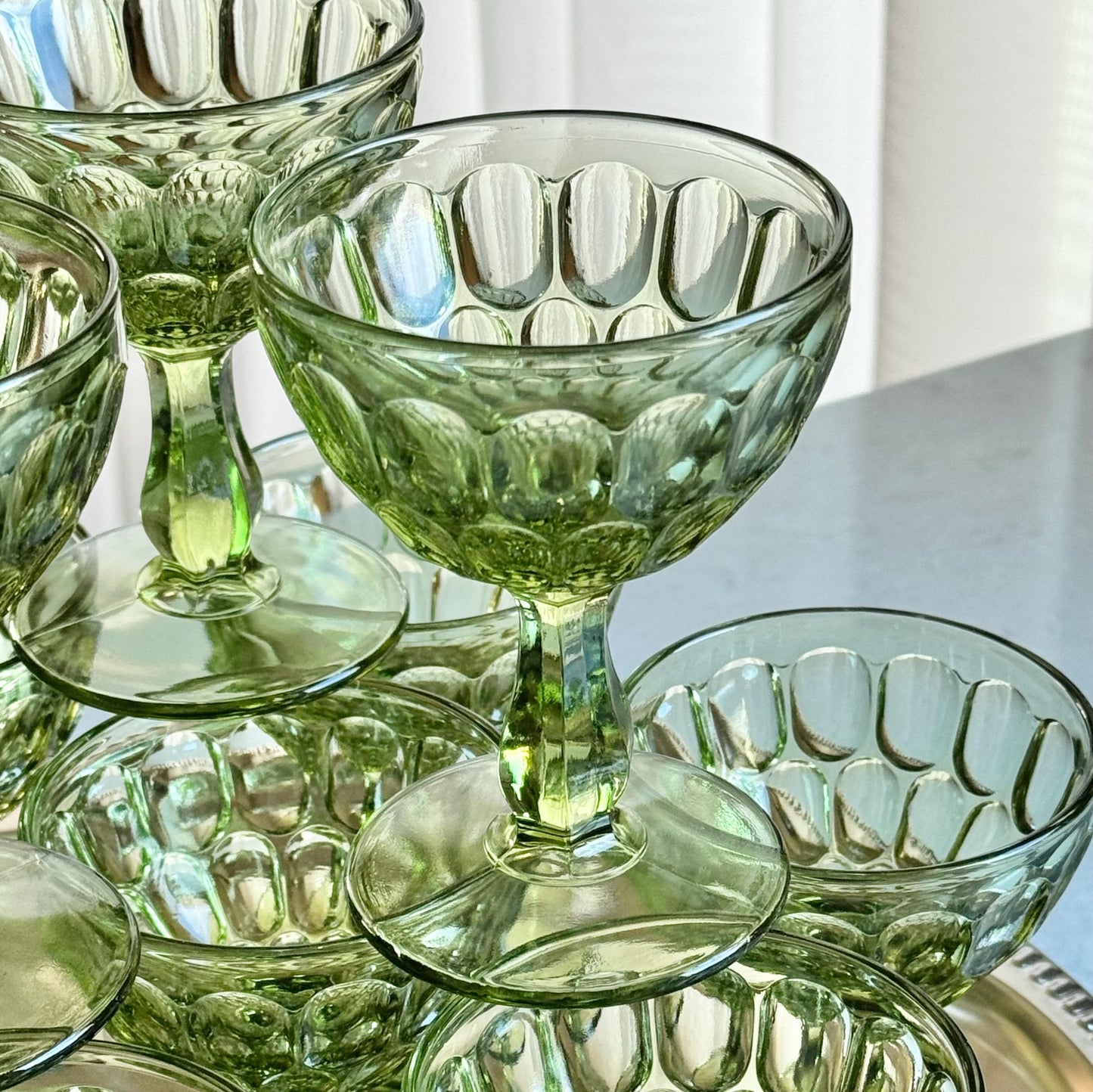Vintage Fenton Colonial Green Thumbprint Glasses (circa 1963 - 1980) - Set of 11