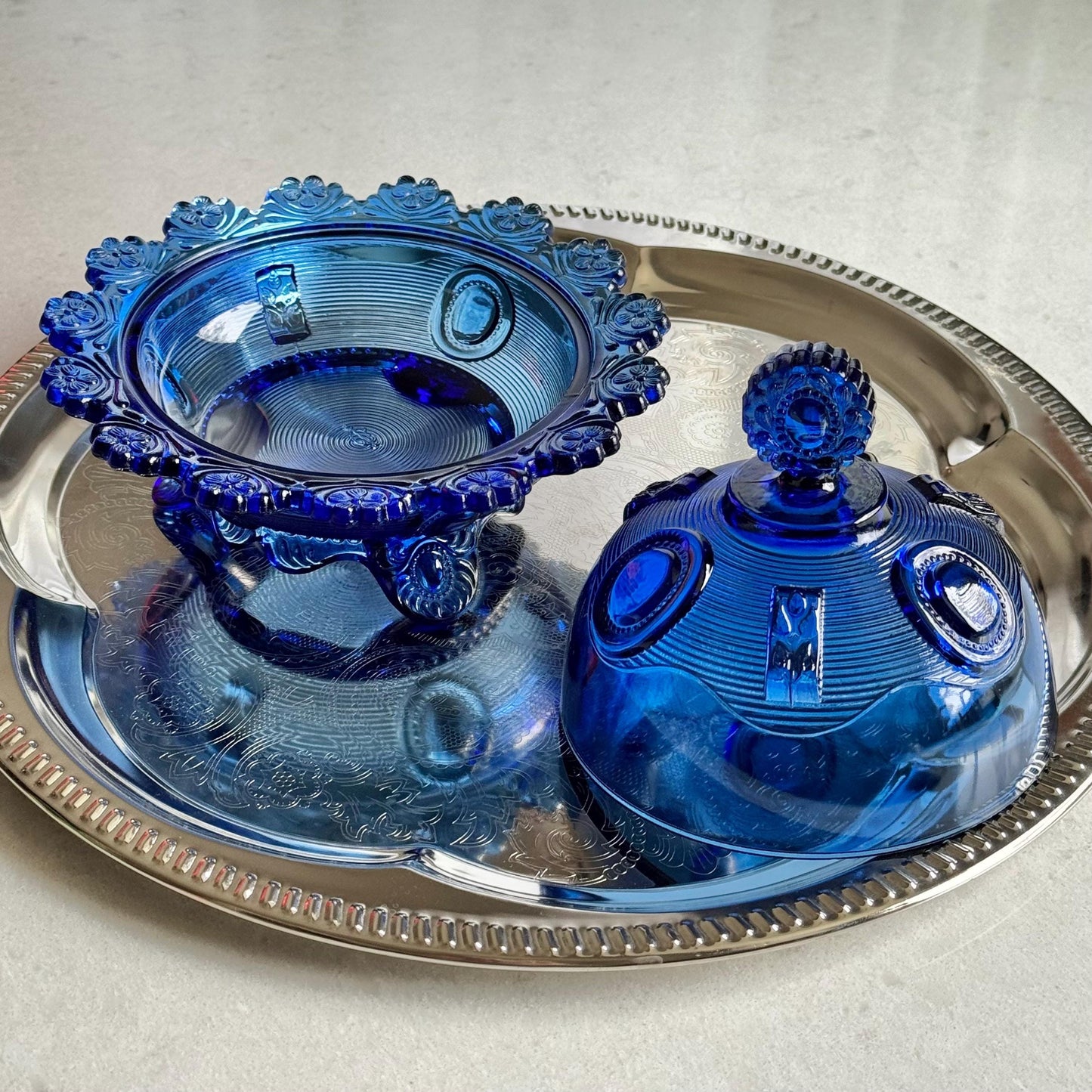 Vintage Imperial Glass Cobalt Blue Tri-Foot Lidded Dish