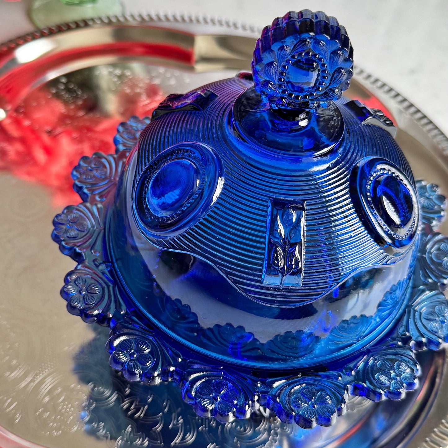 Vintage Imperial Glass Cobalt Blue Tri-Foot Lidded Dish