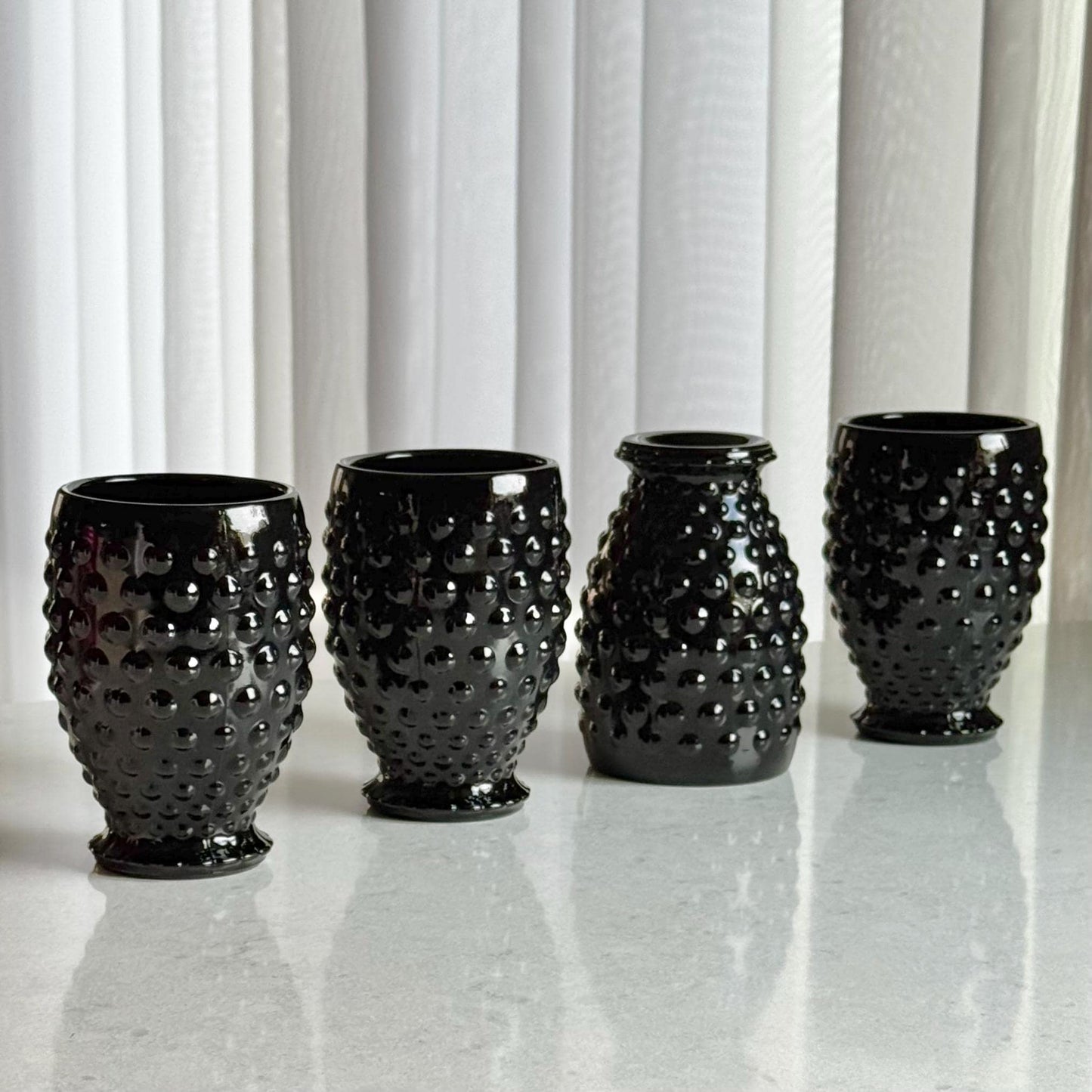 Indiana Glass Tiara Exclusives Black Hobnail Pitcher and 4 Tumblers  (circa 1975)