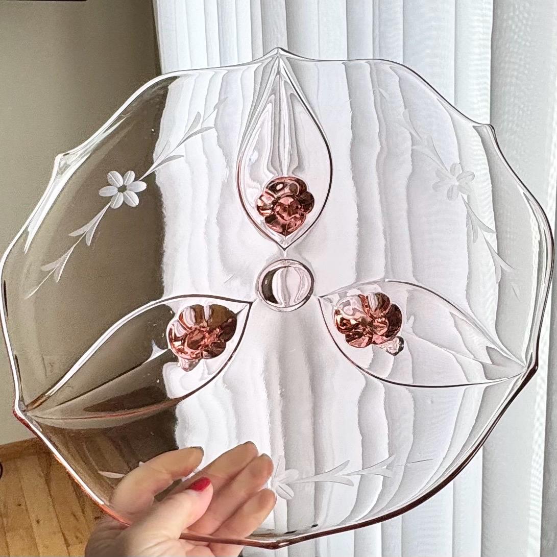 Vintage Lancaster Glass Large Etched Tri-Foot Cake Plate