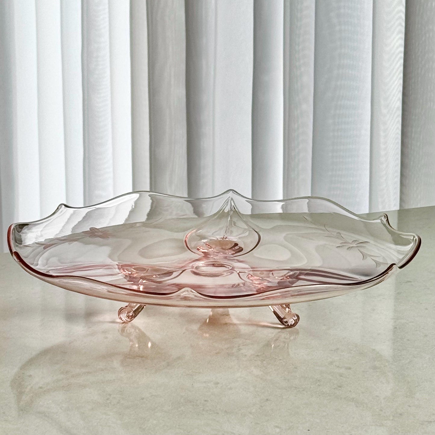 Vintage Lancaster Glass Large Etched Tri-Foot Cake Plate