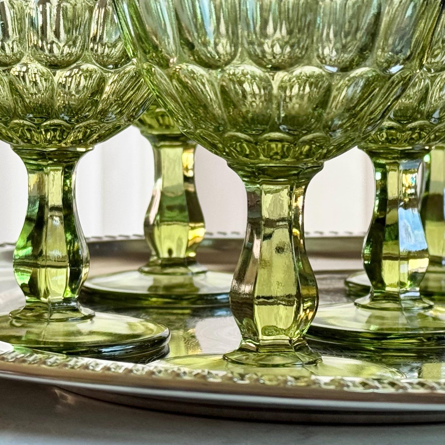 Vintage Fenton Colonial Green Thumbprint Glasses (circa 1963 - 1980) - Set of 11