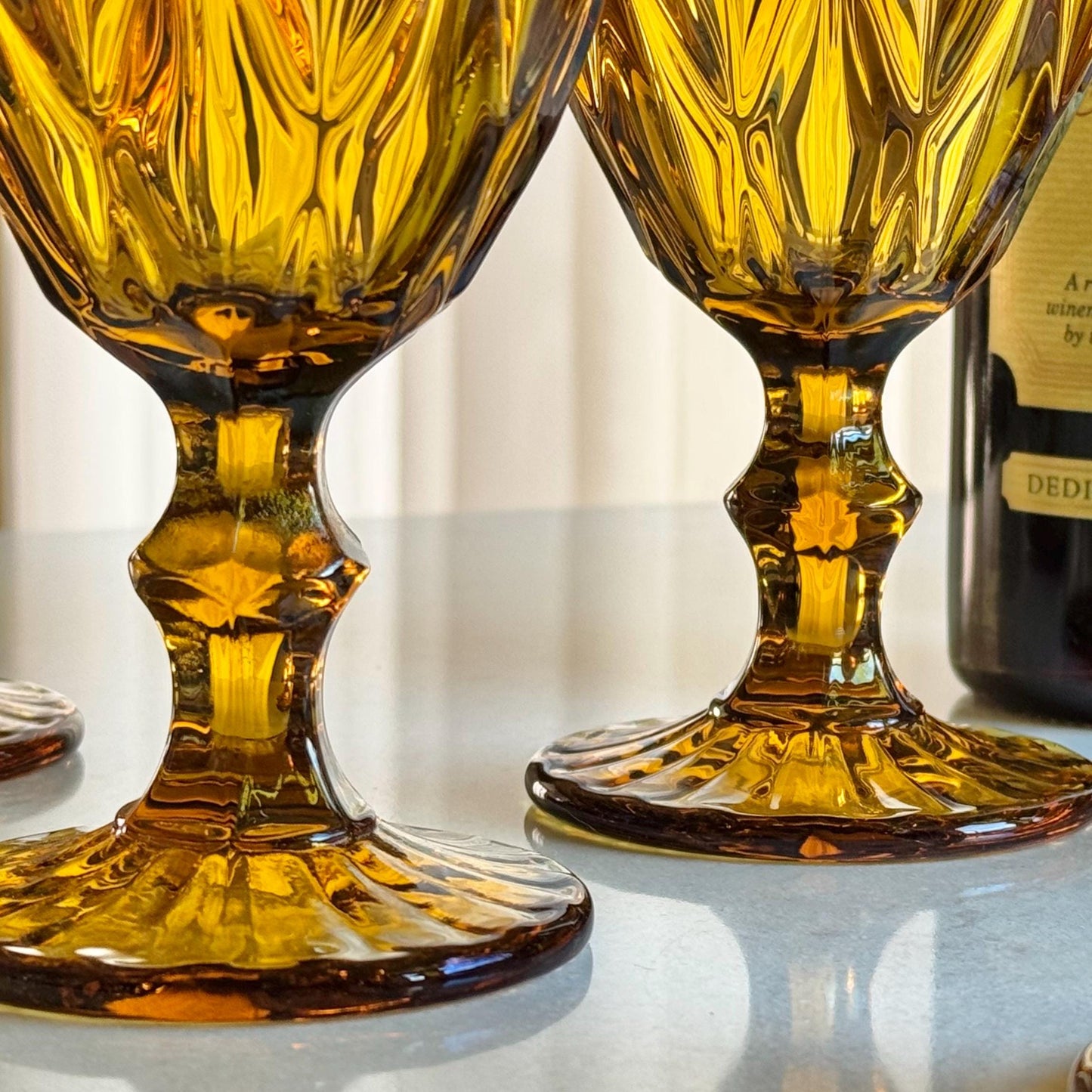 Vintage Amber Diamond Pattern Glasses - Set of 6