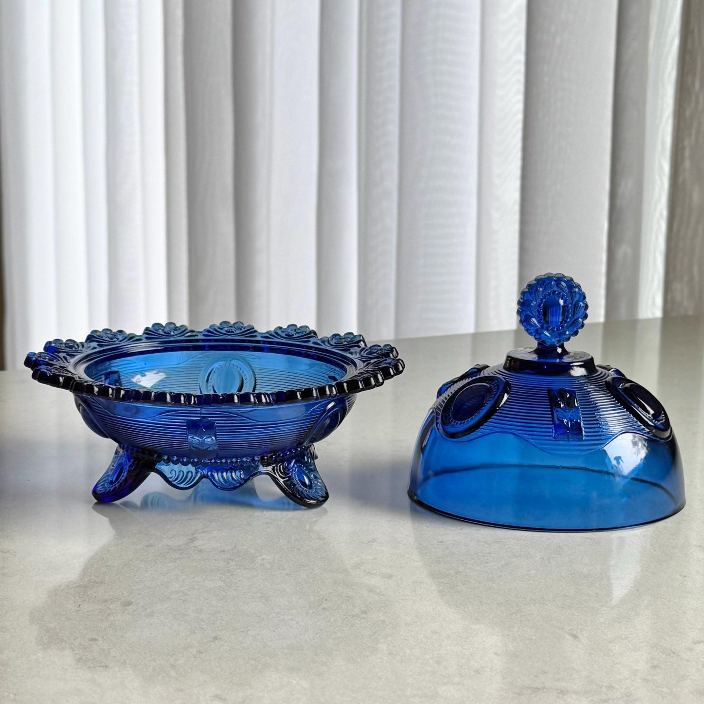 Vintage Imperial Glass Cobalt Blue Tri-Foot Lidded Dish