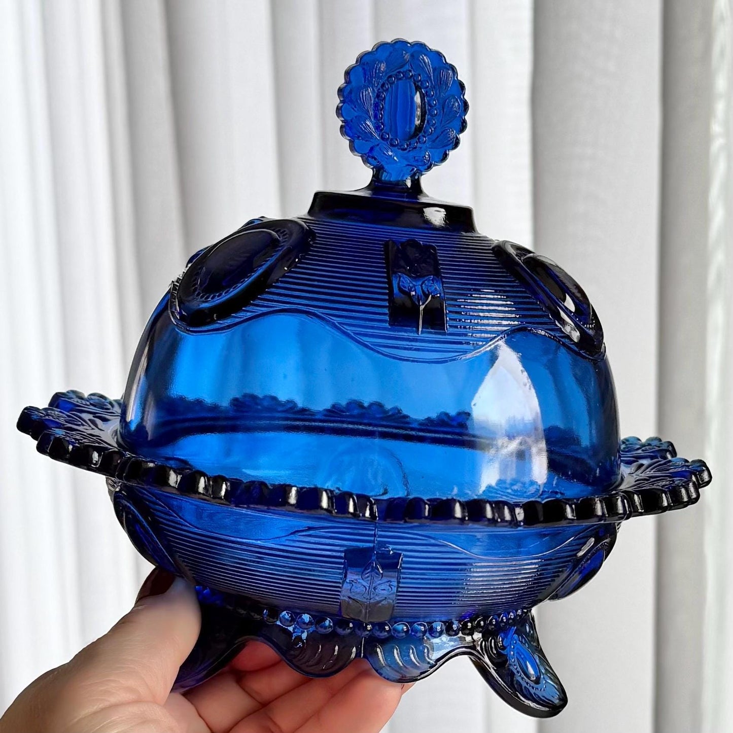Vintage Imperial Glass Cobalt Blue Tri-Foot Lidded Dish
