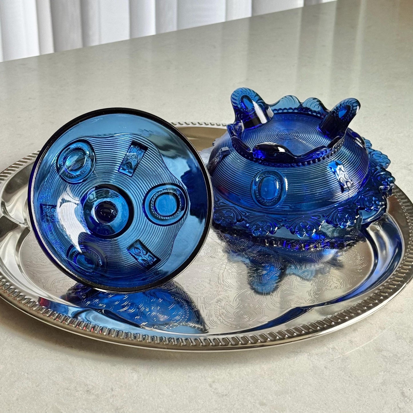 Vintage Imperial Glass Cobalt Blue Tri-Foot Lidded Dish