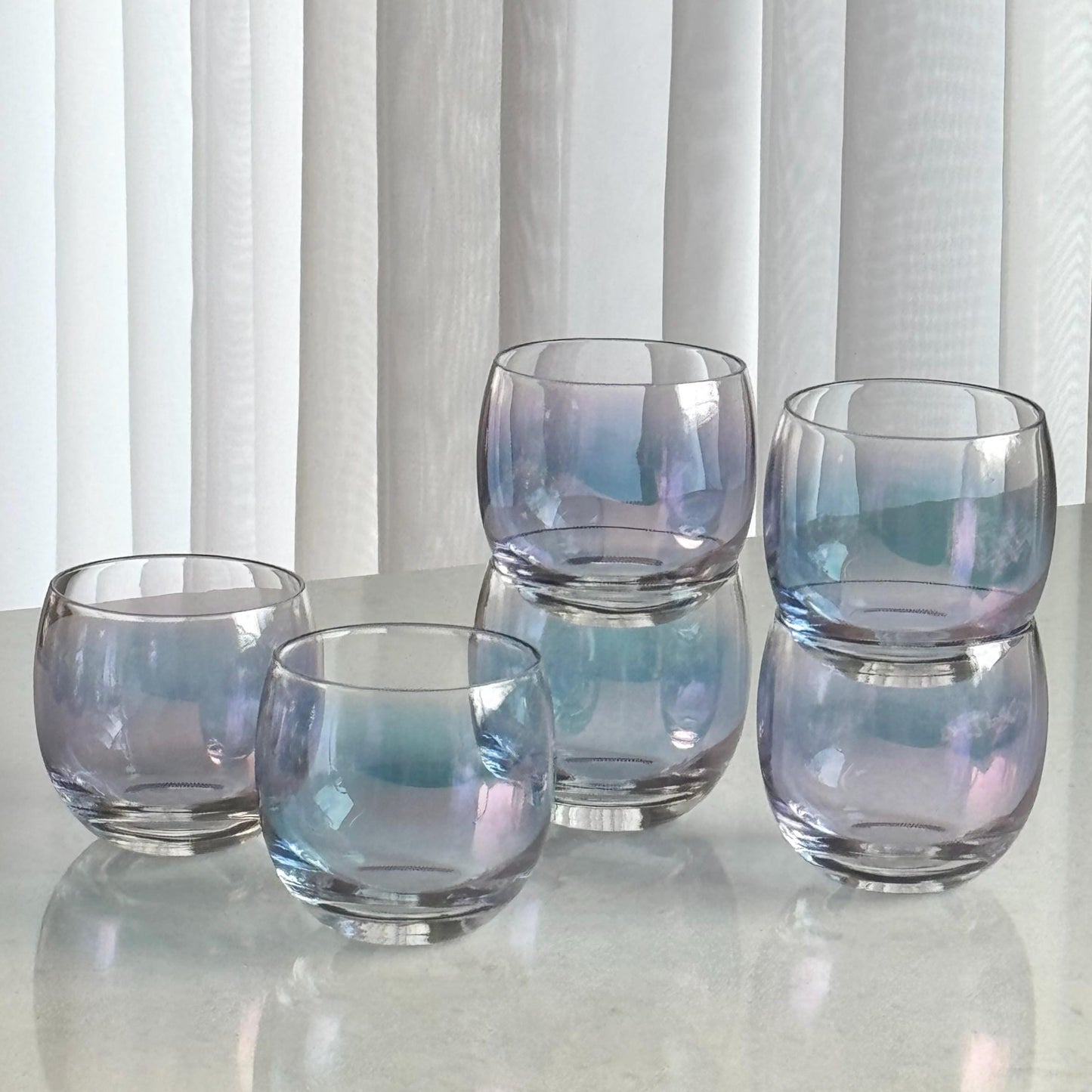 Vintage Federal Glass Gem Tone Iridescent Roly Poly Tumblers - Set of 6