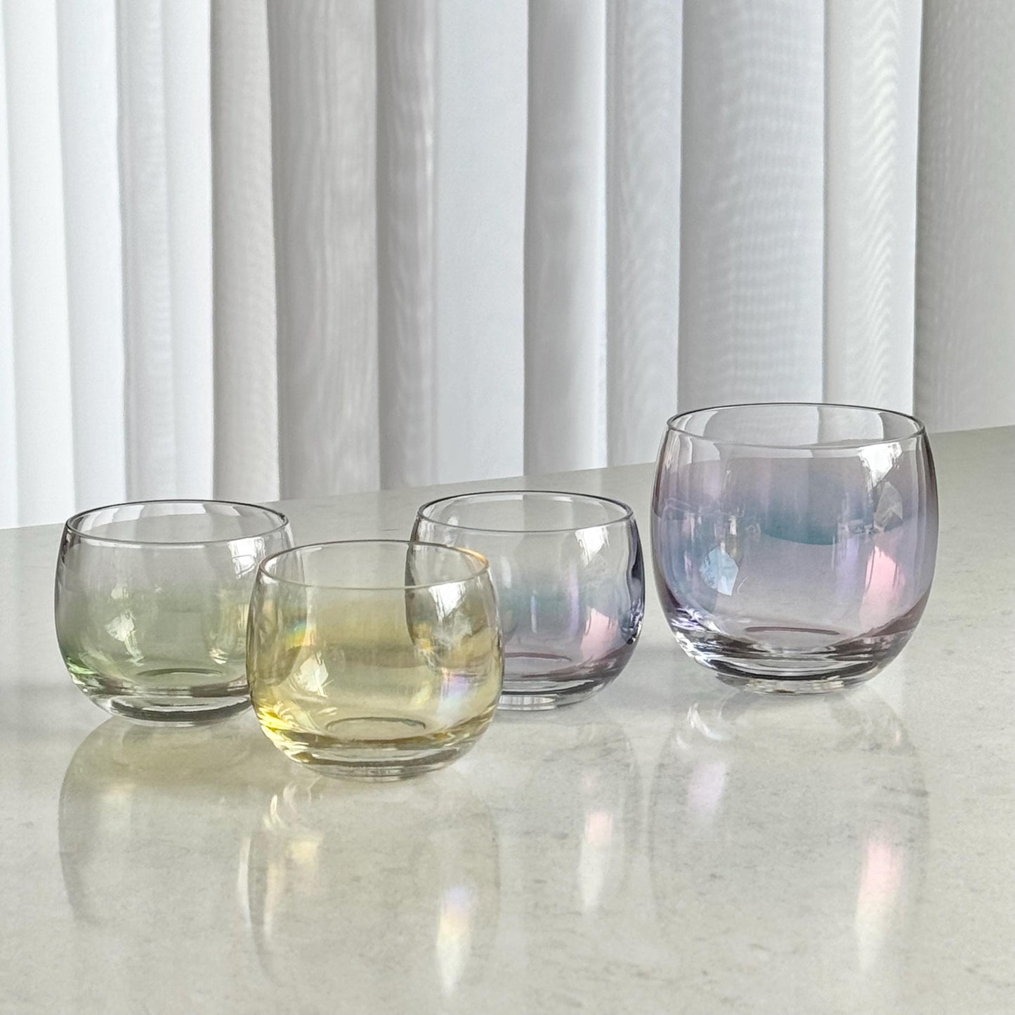 Vintage Federal Glass Gem Tone Iridescent Roly Poly Tumblers - Set of 6