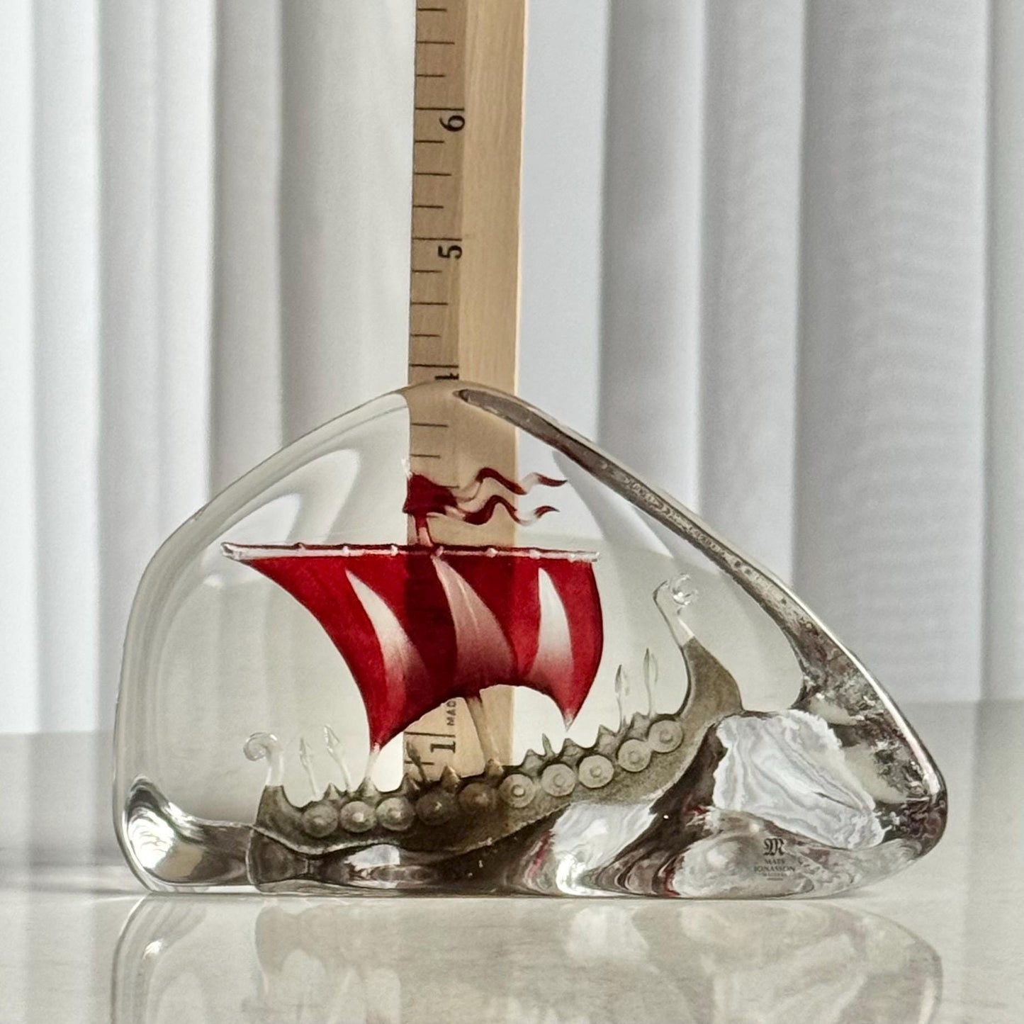 Mats Jonasson Maleras Viking Ship with Red Striped Double Flag—Large 4” x 6.25”