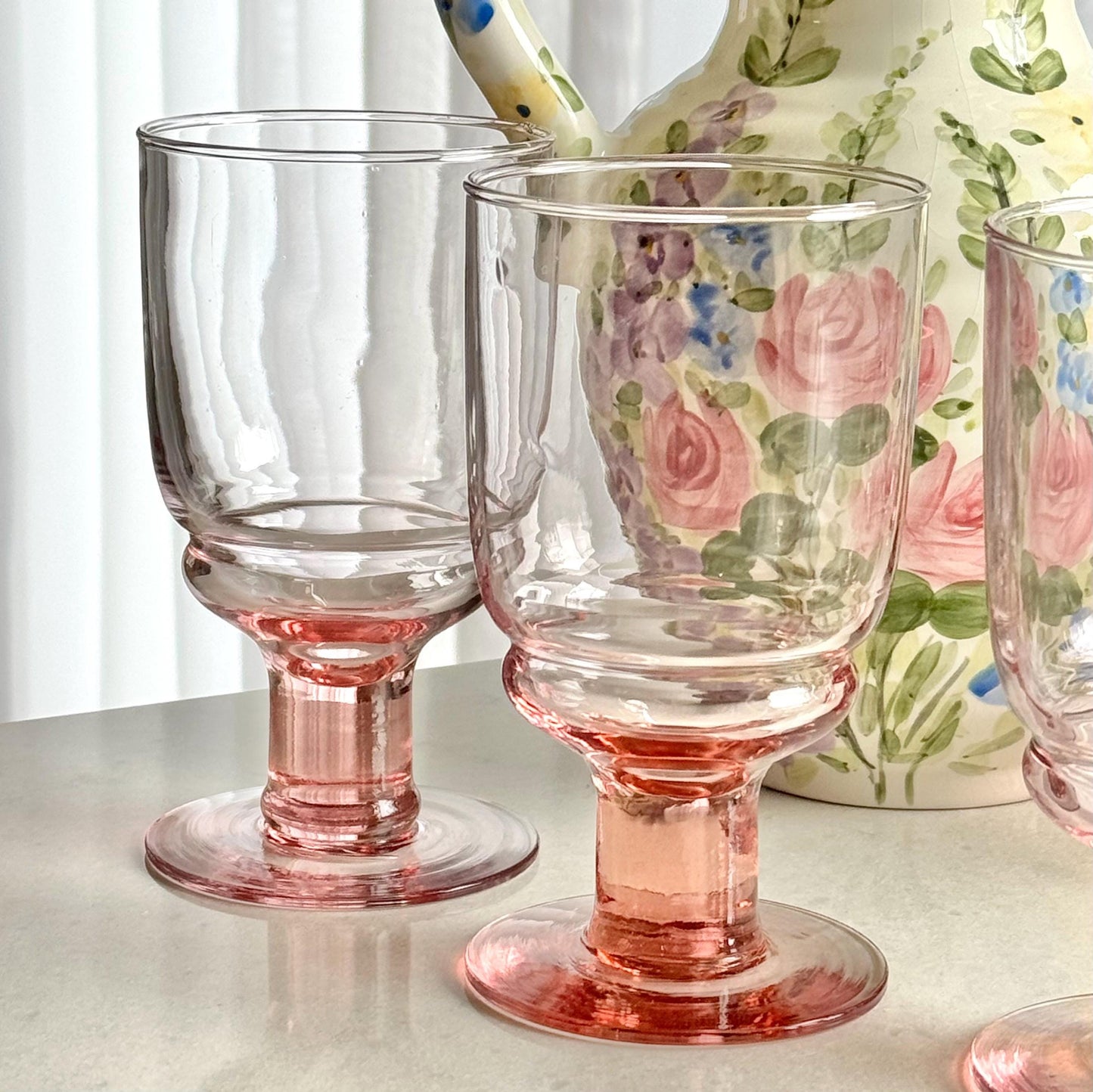 Vintage Pink Column Stem Glasses - Set of 10 Goblets