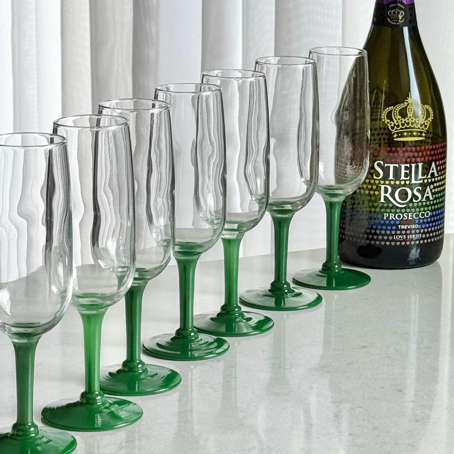 Vintage Green Stem Glasses - Set of 7 Flutes