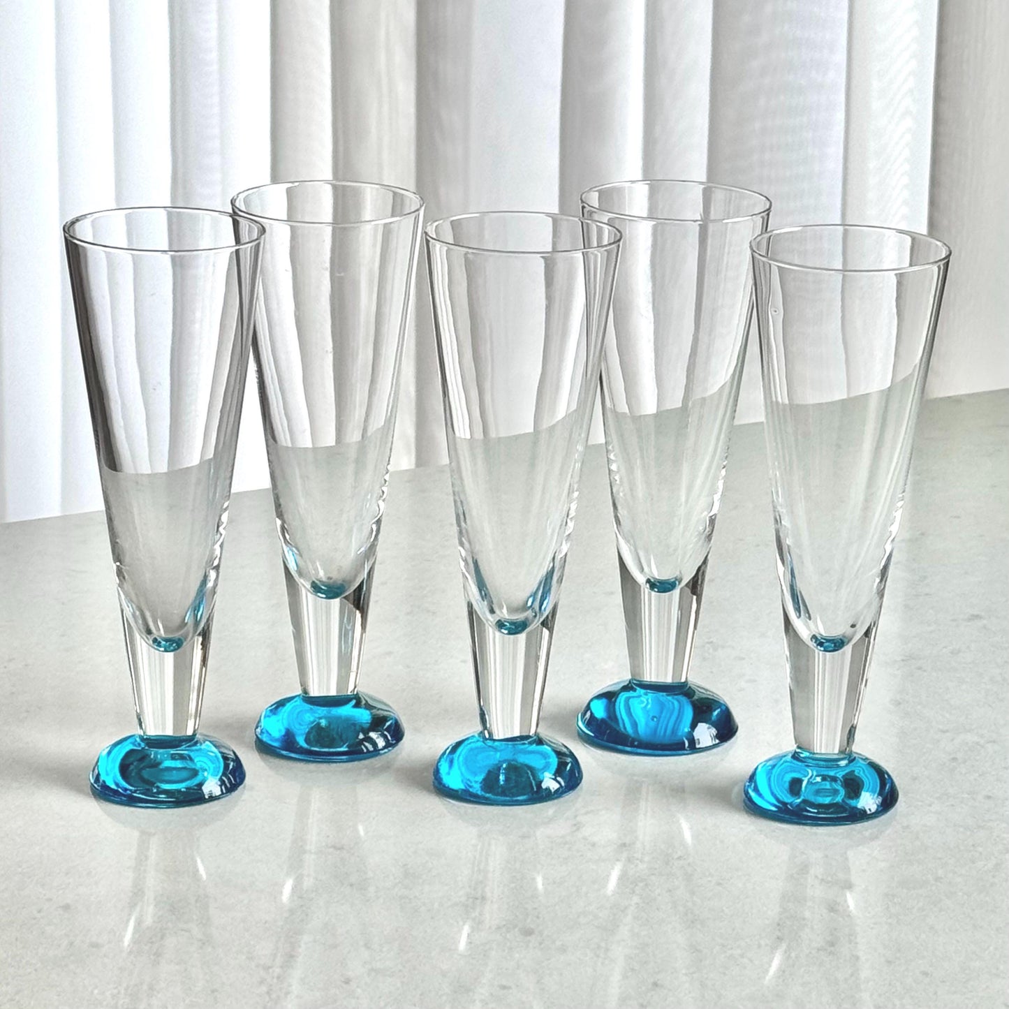 Vintage Aqua Blue Foot Fluted Glasses - Set of 5