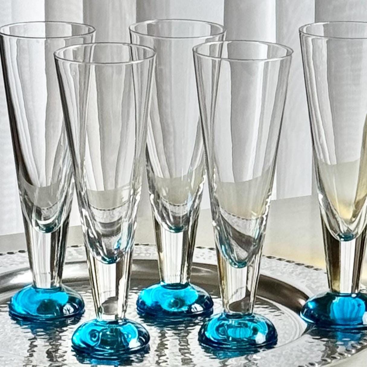 Vintage Aqua Blue Foot Fluted Glasses - Set of 5