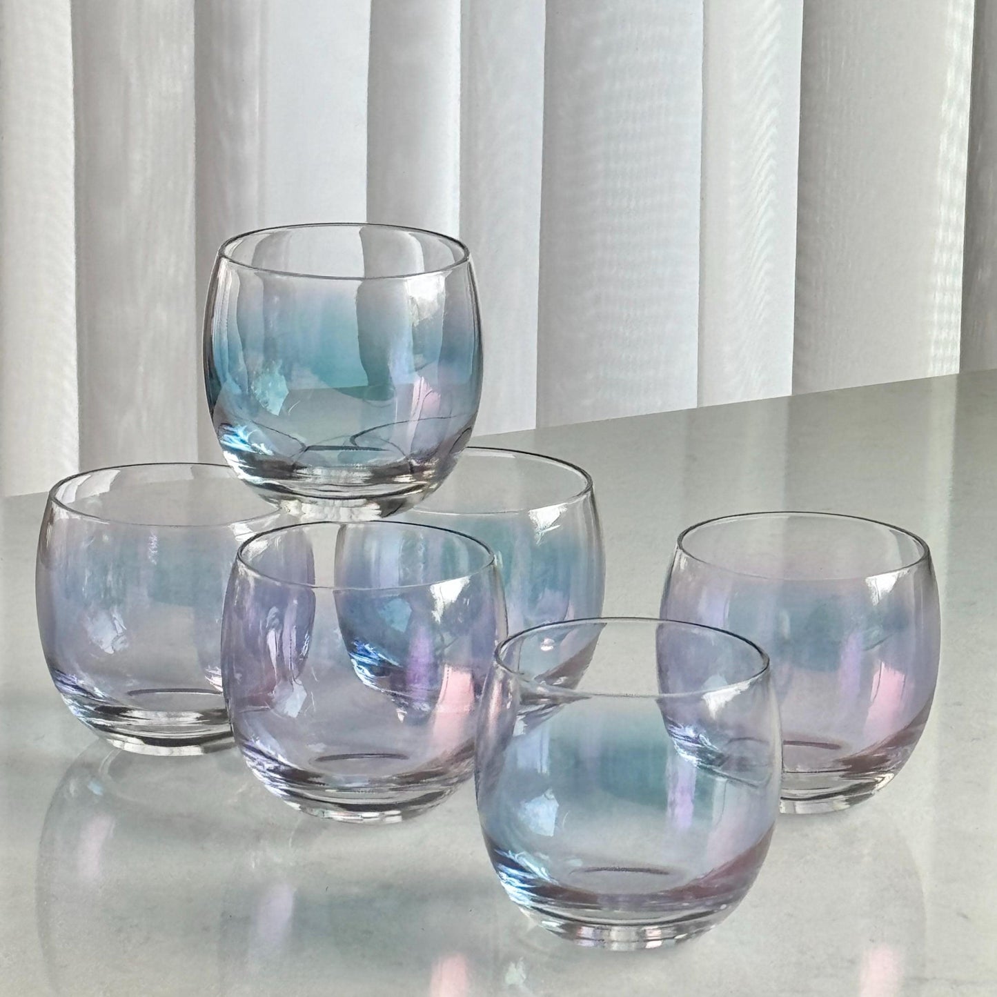Vintage Federal Glass Gem Tone Iridescent Roly Poly Tumblers - Set of 6