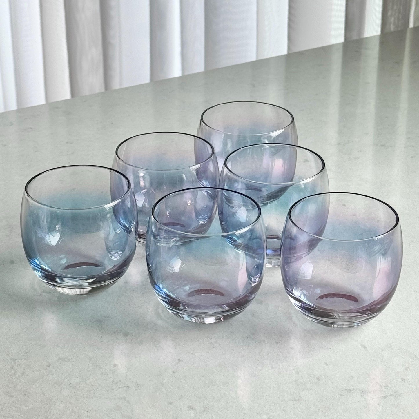Vintage Federal Glass Gem Tone Iridescent Roly Poly Tumblers - Set of 6