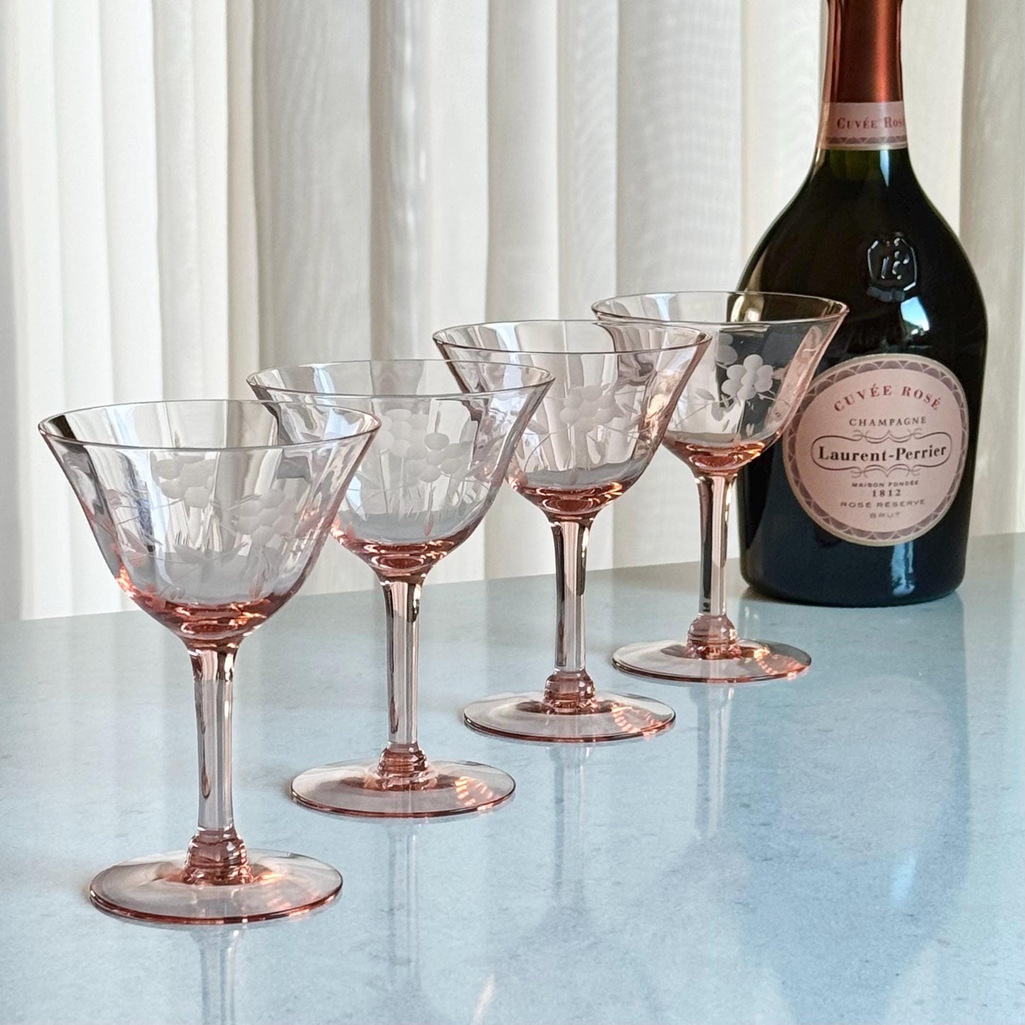 Vintage Pink Etched Optic Panel Glasses (#4E) - Set of 4