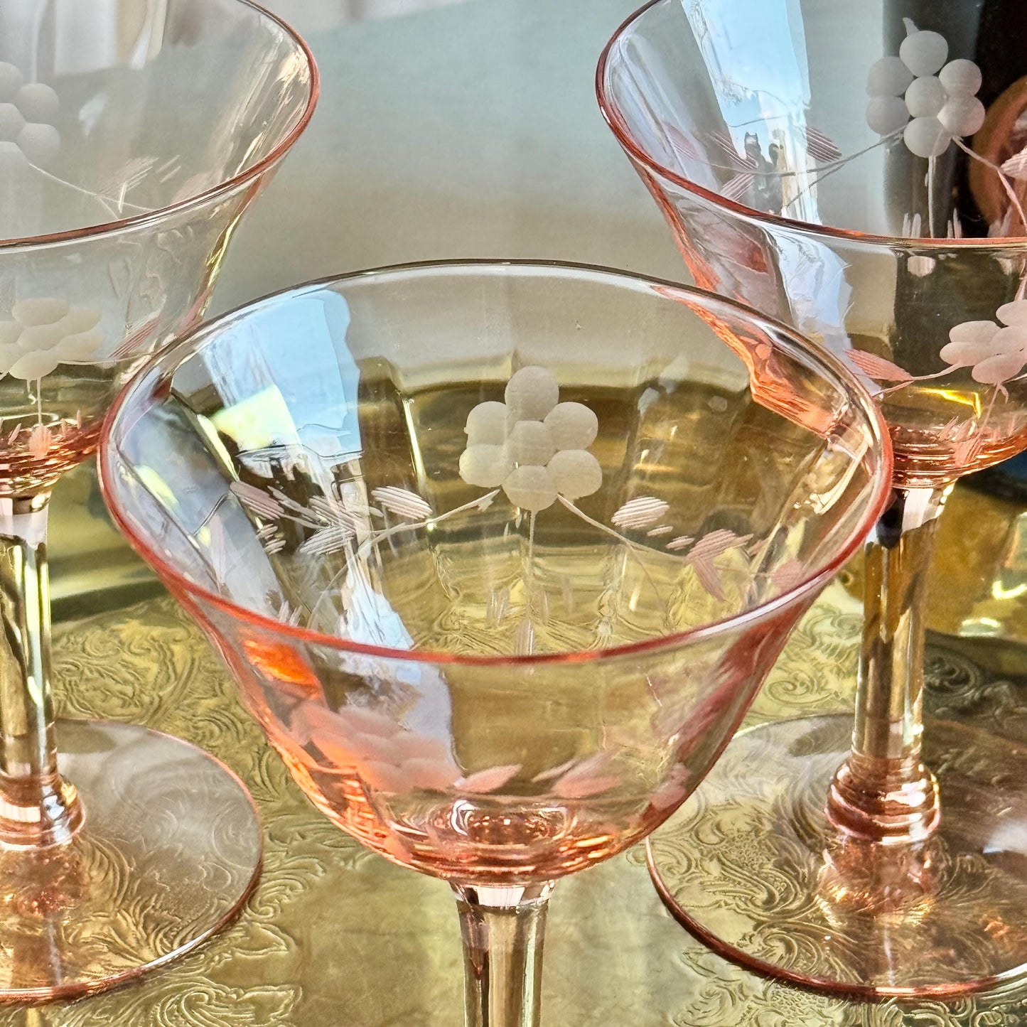 Vintage Pink Etched Optic Panel Glasses (#4E) - Set of 4
