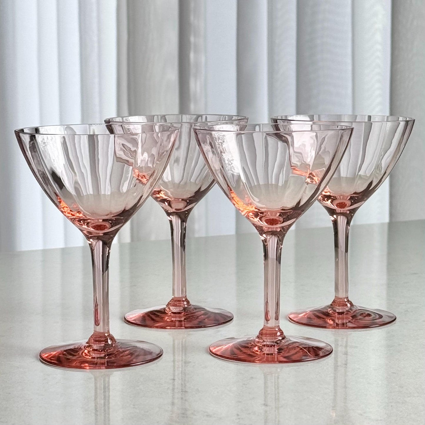 Vintage Pink Optic Panel Ribbed Glasses - Set of 4
