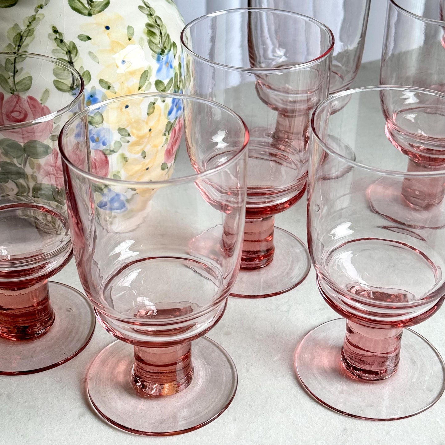 Vintage Pink Column Stem Glasses - Set of 10 Goblets