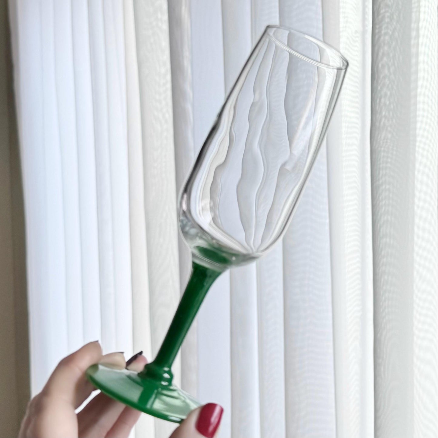 Vintage Green Stem Glasses - Set of 7 Flutes