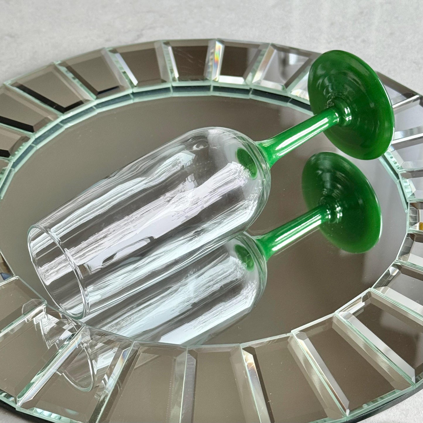 Vintage Green Stem Glasses - Set of 7 Flutes