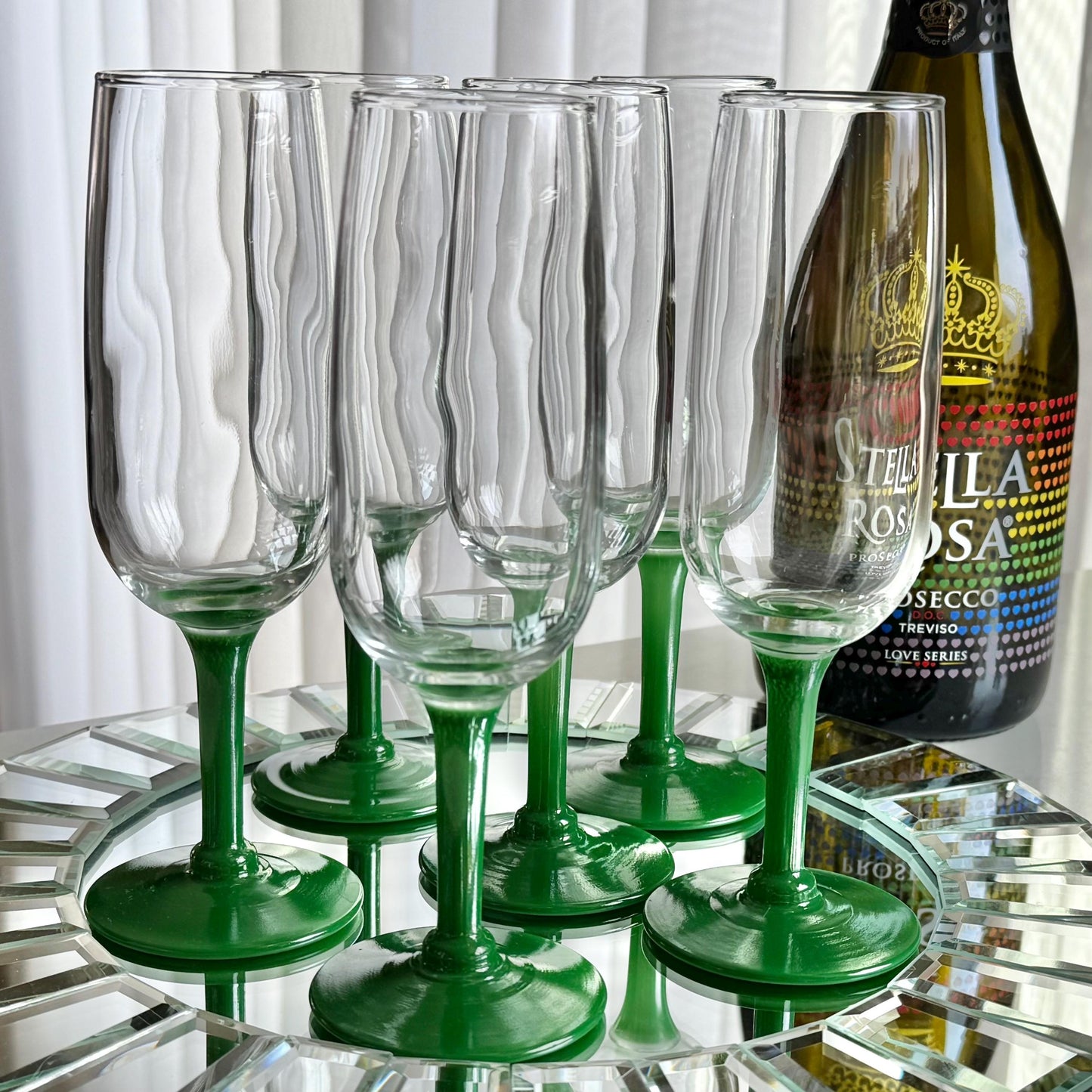 Vintage Green Stem Glasses - Set of 7 Flutes