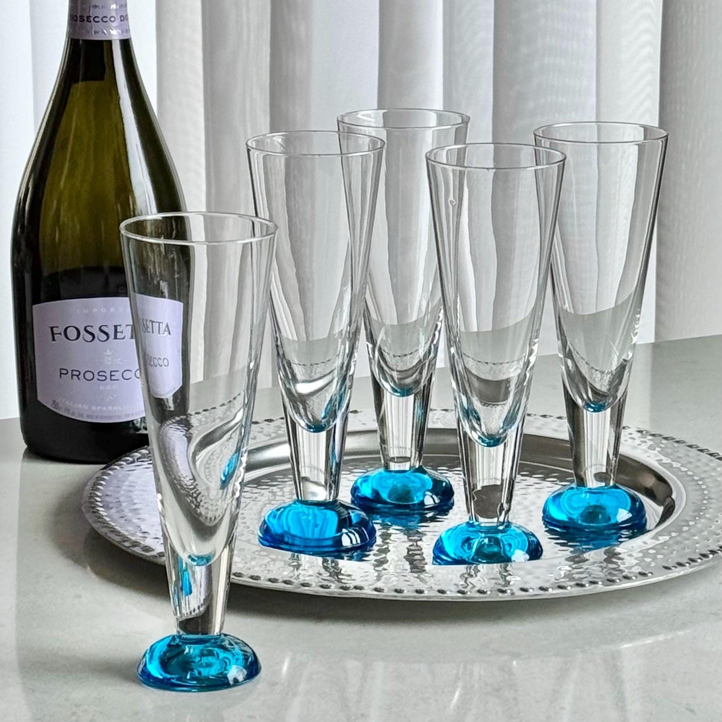 Vintage Aqua Blue Foot Fluted Glasses - Set of 5