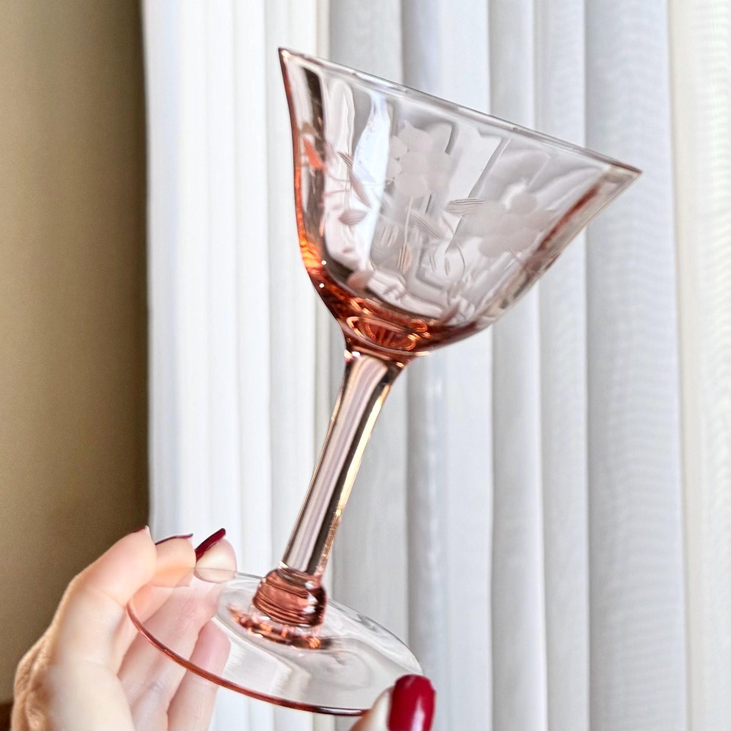 Vintage Pink Etched Optic Panel Glasses (#4E) - Set of 4