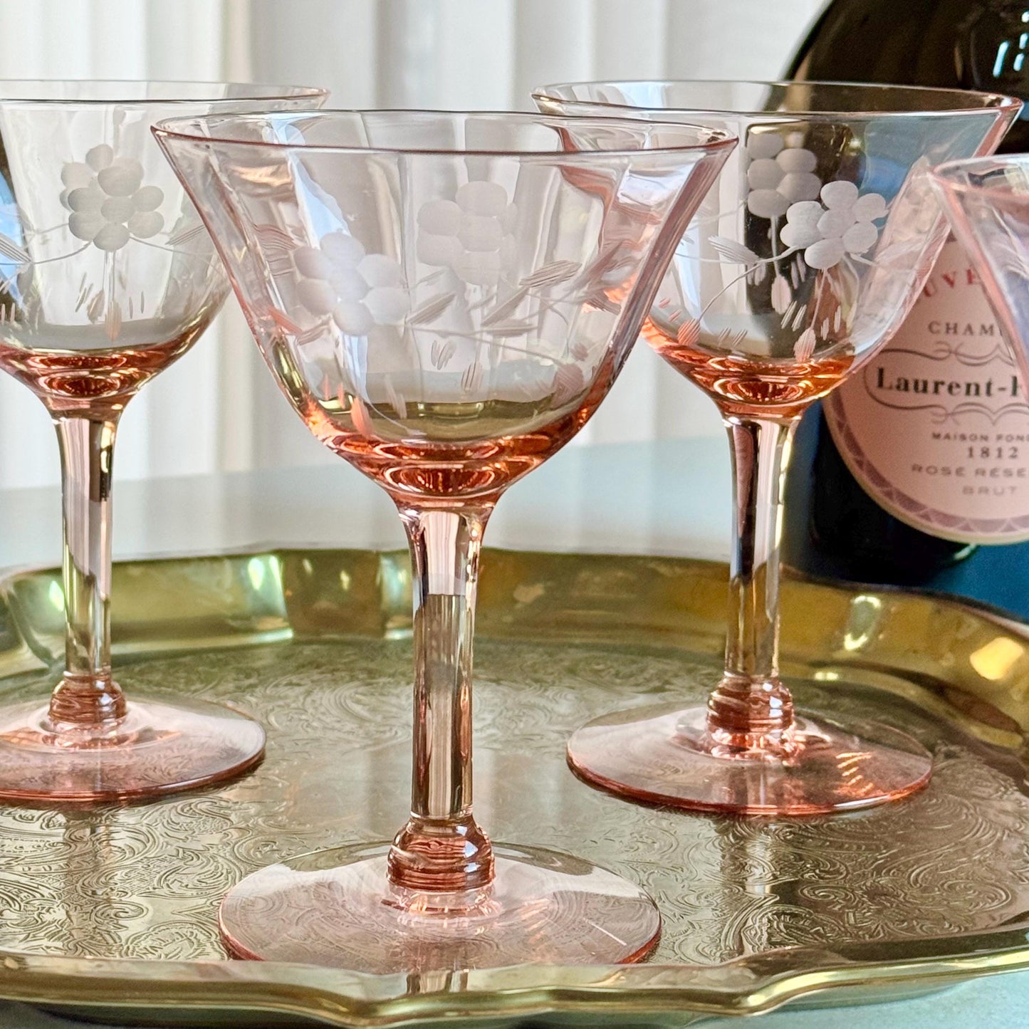 Vintage Pink Etched Optic Panel Glasses (#4E) - Set of 4