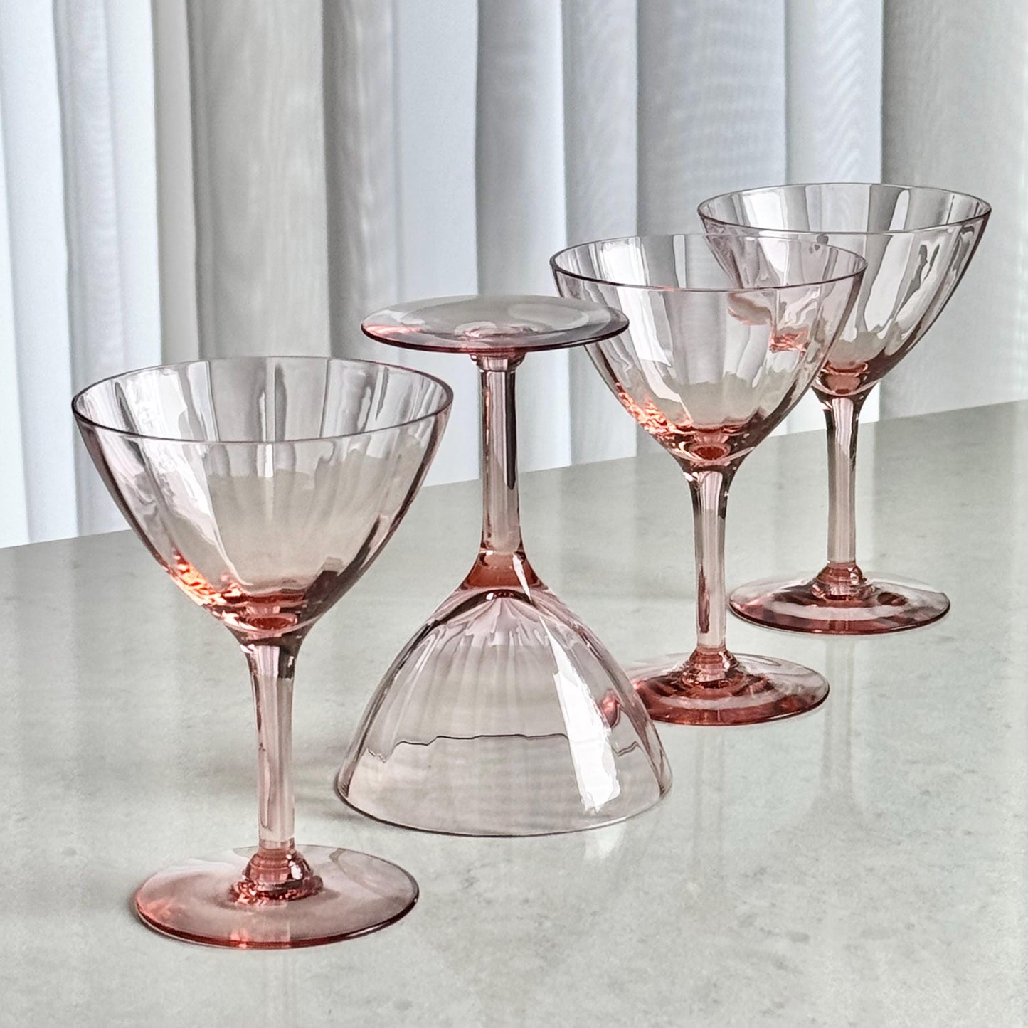 Vintage Pink Optic Panel Ribbed Glasses - Set of 4