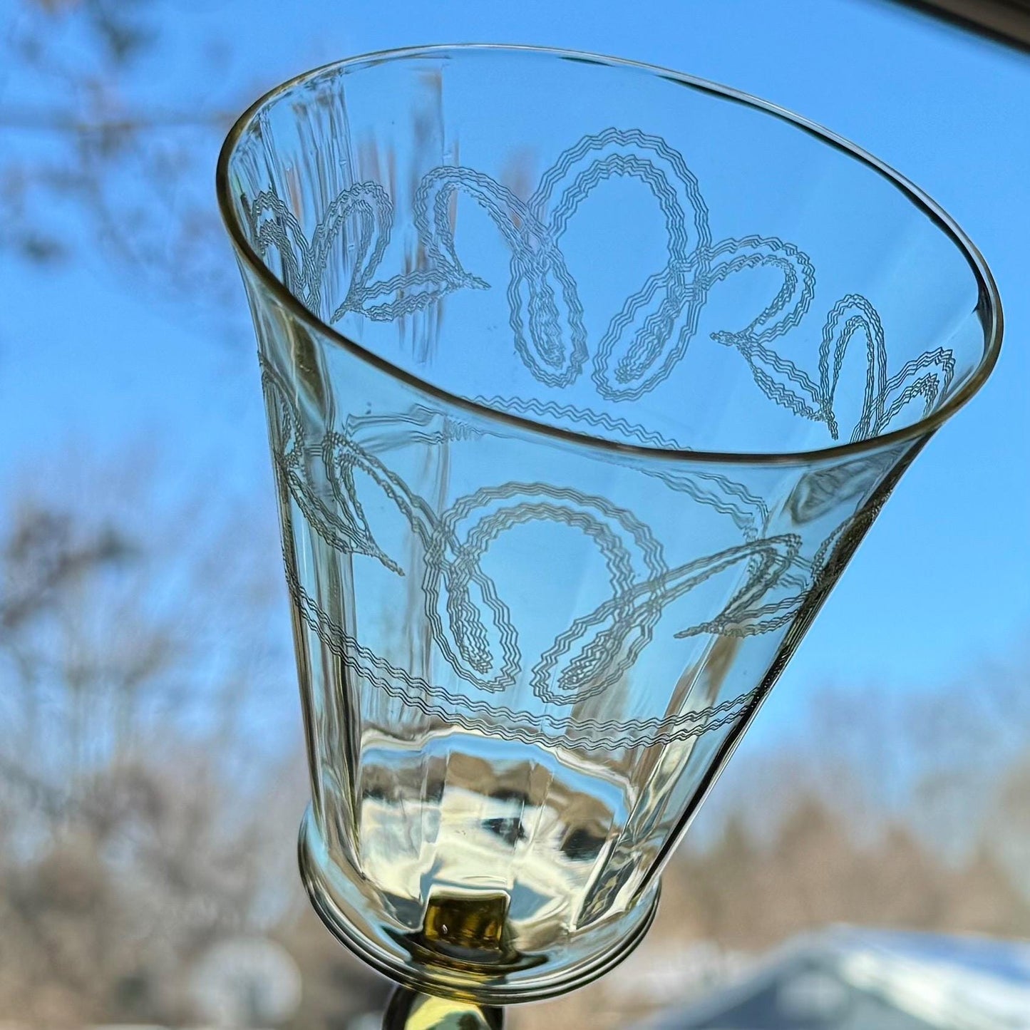 Vintage Morgantown Double Line Swirl Yellow Glasses, Pattern 7604 1-2-1 (circa 1927 - 1933) - Set of 5