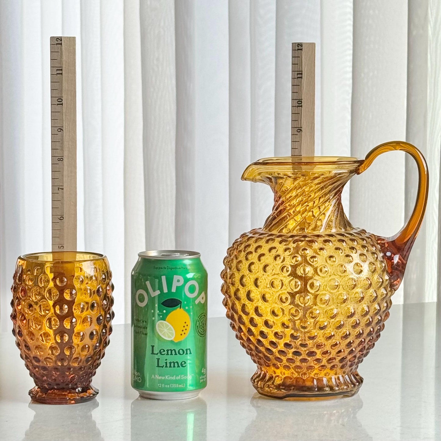 Indiana Glass Tiara Exclusives Amber Gold Hobnail Pitcher and 4 Tumblers  (circa 1976)