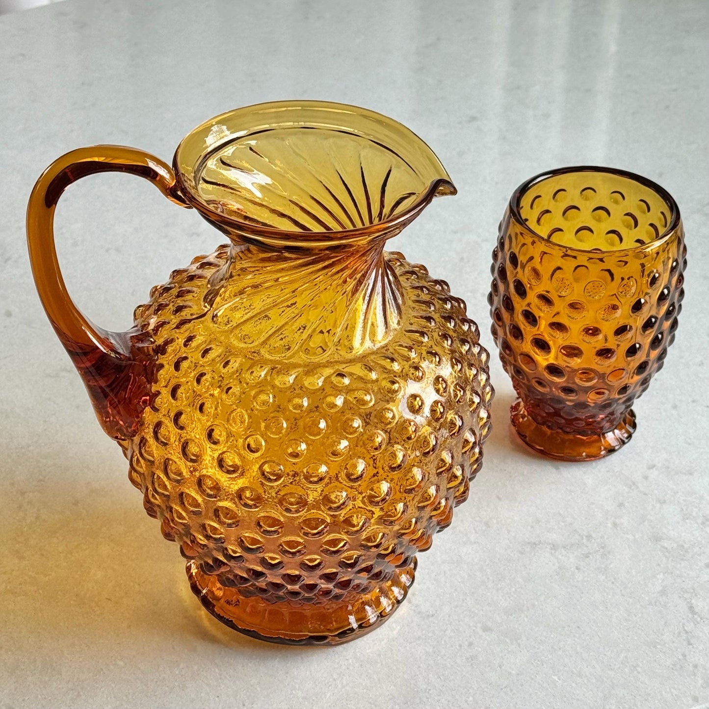 Indiana Glass Tiara Exclusives Amber Gold Hobnail Pitcher and 4 Tumblers  (circa 1976)