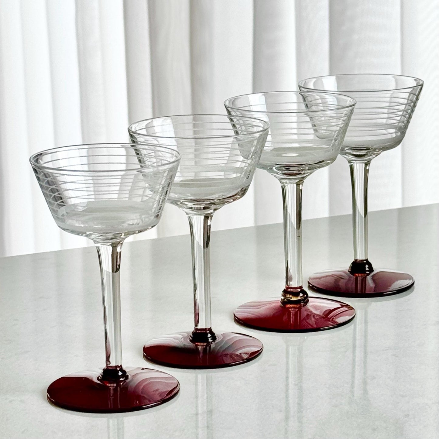 Vintage Ruby Red Foot Band Etched Glasses - Set of 4