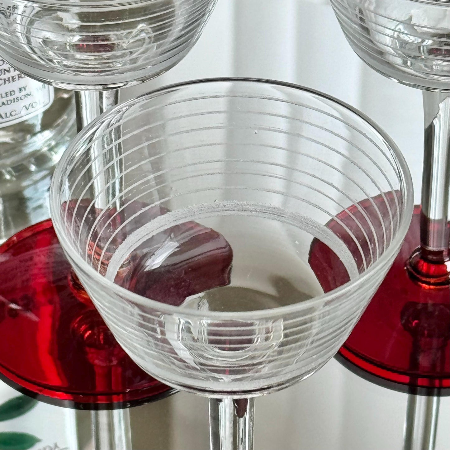 Vintage Ruby Red Foot Band Etched Glasses - Set of 4