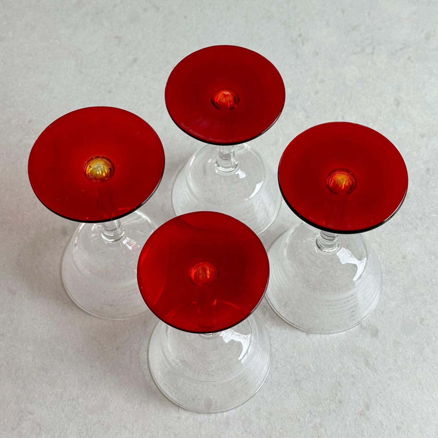 Vintage Ruby Red Foot Band Etched Glasses - Set of 4