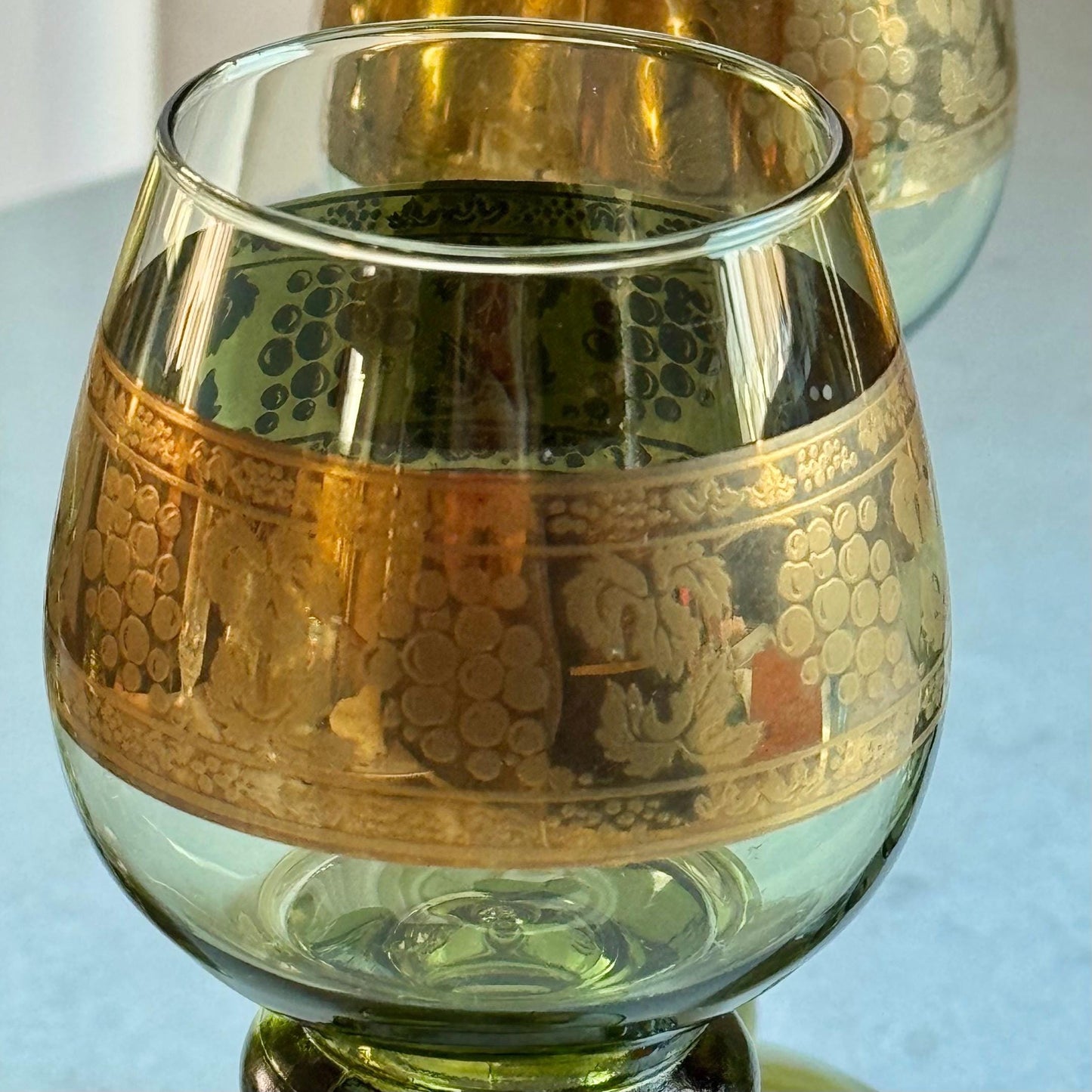 Vintage Austrian Roemer Green Glasses with a Grape and Vine Design in Gold - Set of 6
