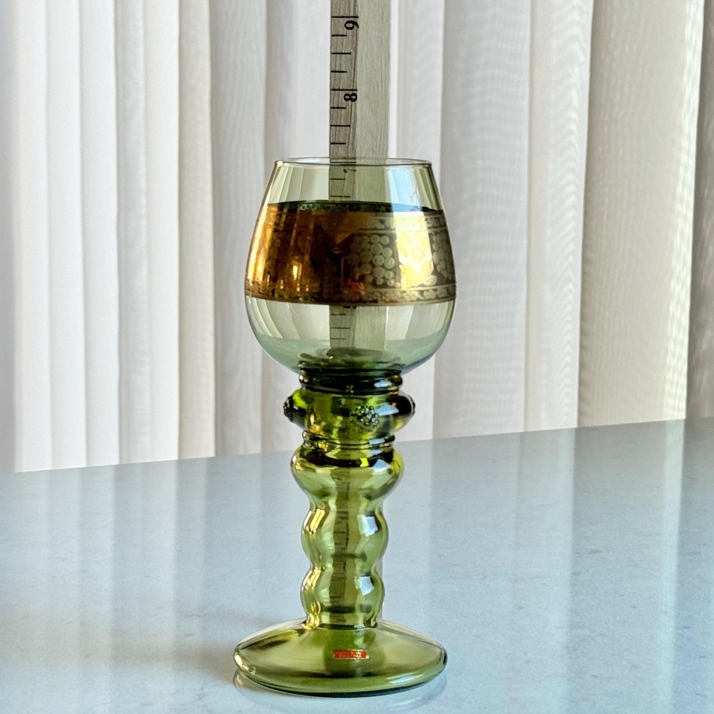 Vintage Austrian Roemer Green Glasses with a Grape and Vine Design in Gold - Set of 6