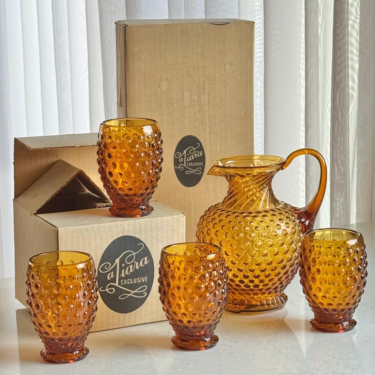 Indiana Glass Tiara Exclusives Amber Gold Hobnail Pitcher and 4 Tumblers  (circa 1976)