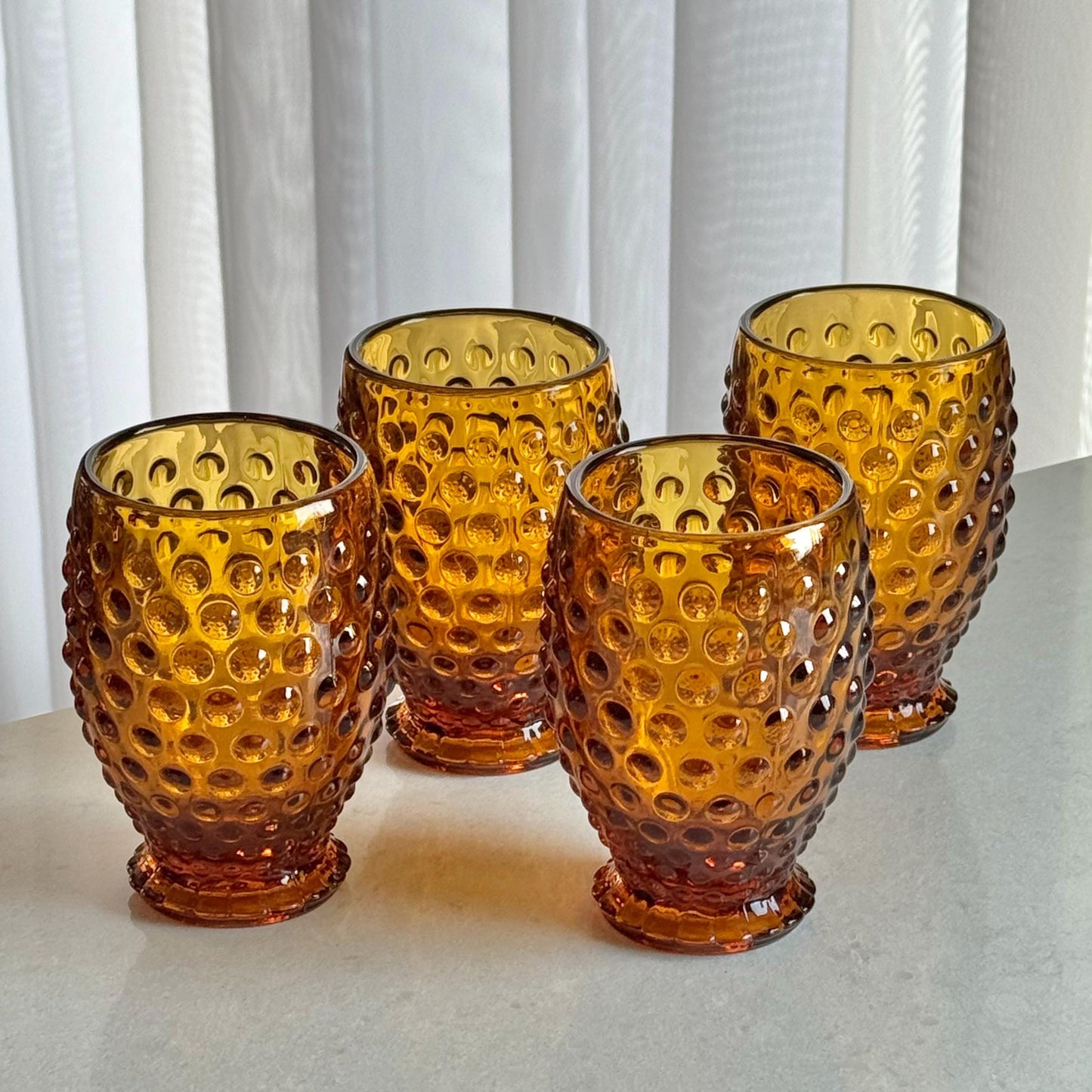 Indiana Glass Tiara Exclusives Amber Gold Hobnail Pitcher and 4 Tumblers  (circa 1976)